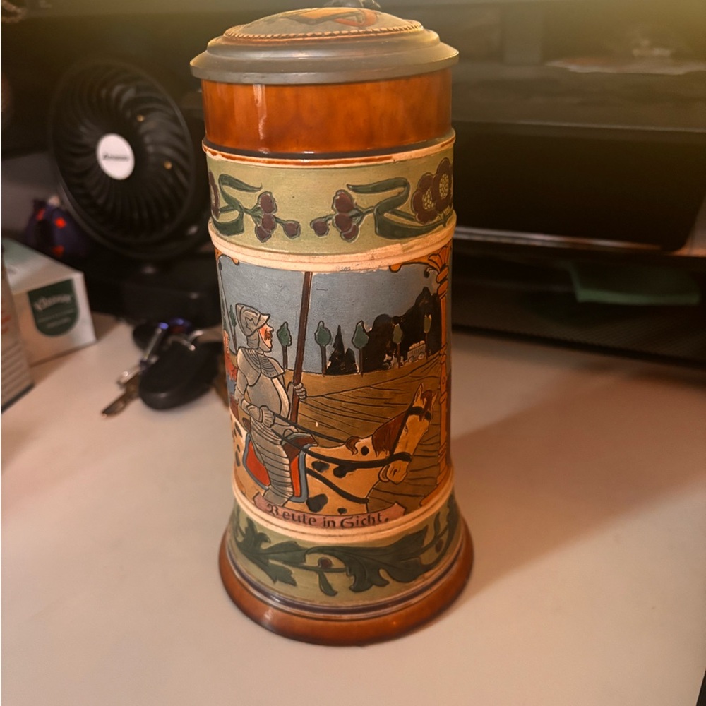 Vintage Ceramic Beer Stein with Knight and Horse Motif - Brown & Green